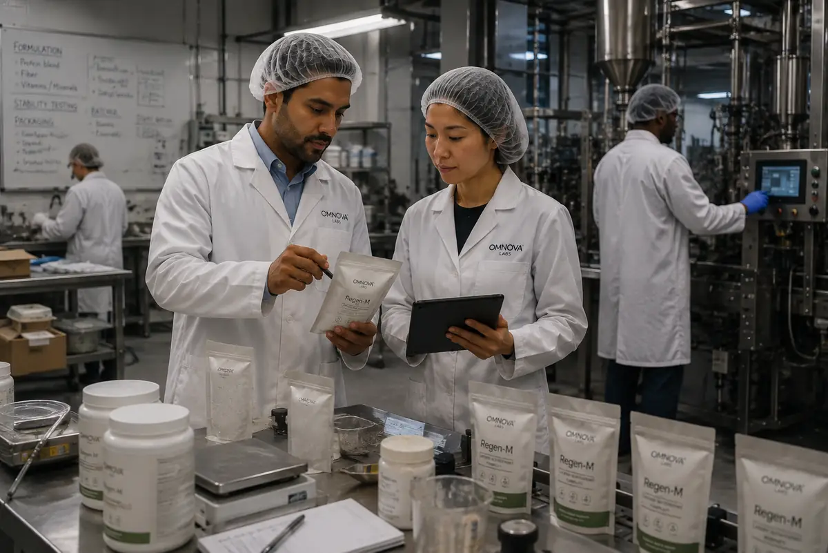Deux membres de l’équipe d’Omnova Labs vérifient un lot en salle de production.