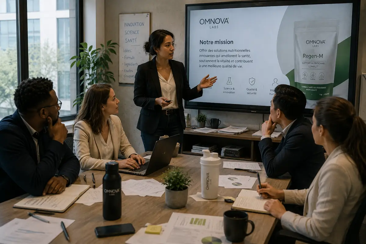 Présentation interne d’un produit et de l’approche scientifique d’Omnova Labs.