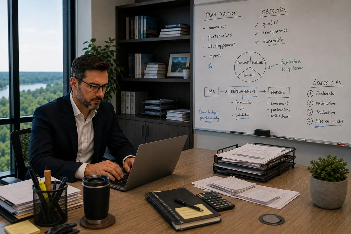 Dirigeant d’Omnova Labs au travail devant un tableau de planification.