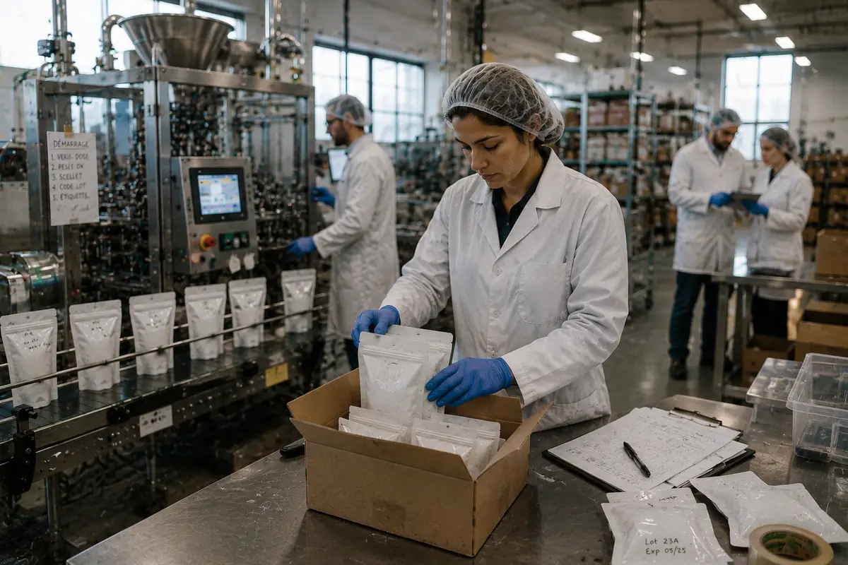 Étape de production : ensachage, contrôle du lot et préparation des produits.