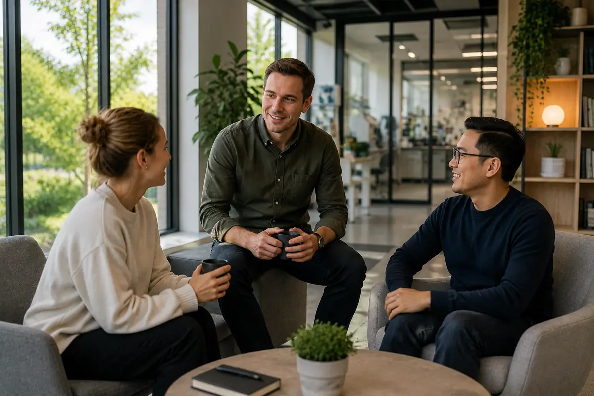 Membres de l’équipe d’Omnova Labs en discussion informelle.