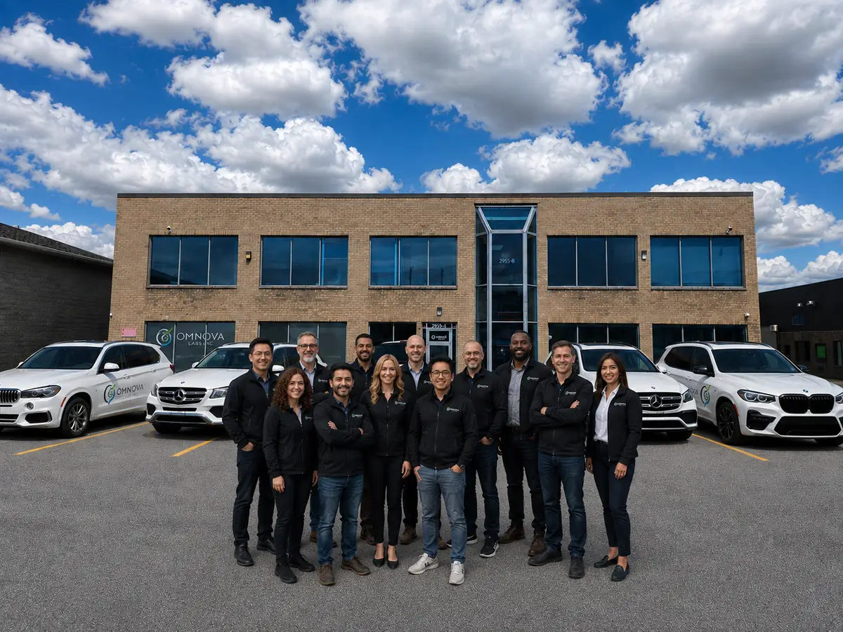 L’équipe d’Omnova Labs réunie devant les bureaux de l’entreprise à Brossard.