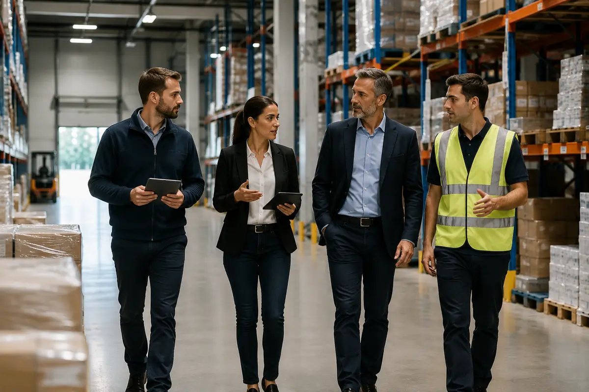 L’équipe d’Omnova Labs avec un responsable logistique dans un environnement de distribution.